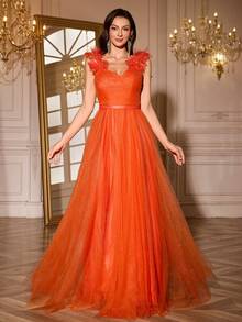 Elegant Women's Warm Orange High Waist Ruched Mesh Floral Decor Spaghetti Strap Flared Hem Bridesmaid Dress, Suitable For Weddings, Formal Occasions, Galas, Graduation Ceremonies, Dinner Parties