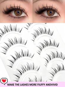 Asiteo 5 Pairs Manga Anime Lashes Natural Look Clear Band Faux Mink Wispy Cross 3D Volume Eyelashes Korean Japanese Asian Cosplay Eyelashes - Black - View 2