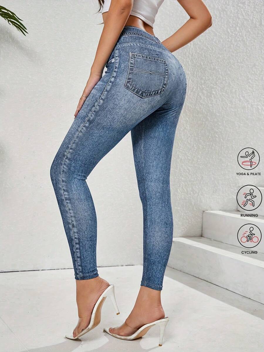 Damskie legginsy sportowe z nadrukiem imitującym dżins, elastyczne, szybkoschnące, oddychające, codzienne spodnie, spodnie sportowe do jogi z wysokim stanem i podnoszeniem bioder, uniwersalne legginsy ze spandexu w stylu dżinsowym, wyszczuplające sylwetkę, przyjazne dla skóry i oddychające, można nosić o każdej porze roku, odpowiednie na siłownię, jazdę na rowerze na świeżym powietrzu, bieganie, jogę, sporty ekstremalne i dojazdy do pracy