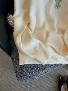 For Love & Bella 女士休闲优雅可爱蕾丝钻石装饰V领针织毛衣，长袖保暖柔软面料，适合秋冬季外出，时尚圣诞冬季毛衣，适合约会、办公室、婚礼和其他场合。 - 杏色 - 查看 6