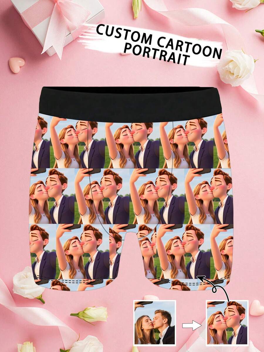 定制卡通头像男士短裤，情人节及浪漫场合个性化设计，送给男友、情侣、朋友的完美礼物 - 彩色 - 查看 1