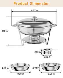Ataucjin 5QT Chafing Dish Buffet Set Of 2 Pack,Round Stainless Steel Food Warmers Buffet Servers Sets,Chafer And Food Warmers With Food & Water Pan, Lid,Frame,Fuel Holder For Catering,Parties,Events,Wedding - Silver-2 Pack - View 3