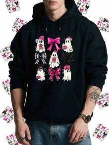 Women's Halloween Ghost Bow Graphic Print Hoodie - 100% Polyester Casual Knit Fabric Pullover With Hood, Seasonal FallWinter Alphabet Pattern Hooded Sweatshirt,Fall Hoodies,Men's Fall Clothes,Street Wear,Halloween,Mens Hoodies,Y2k Clothes,Jesus Hoodie,Thanksgiving Day,Nightmare Before Christmas,Christmas - Black - View 1