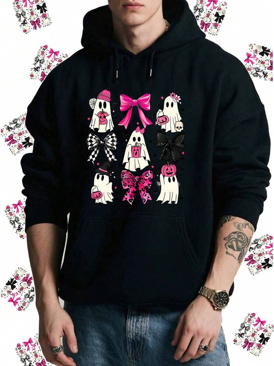 Women's Halloween Ghost Bow Graphic Print Hoodie - 100% Polyester Casual Knit Fabric Pullover With Hood, Seasonal FallWinter Alphabet Pattern Hooded Sweatshirt,Fall Hoodies,Men's Fall Clothes,Street Wear,Halloween,Mens Hoodies,Y2k Clothes,Jesus Hoodie,Thanksgiving Day,Nightmare Before Christmas,Christmas - Black - View 1