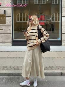 Pulover HoloChill pentru femei, casual, cu guler rotund, cu dungi, în culori blocate, model casual de vară, model nou, Carnaval