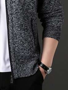 青少年秋冬罗纹袖口和下摆纹理拉链前襟经典侧袋户外休闲百搭立领毛衣夹克 - 深灰色 - 查看 5