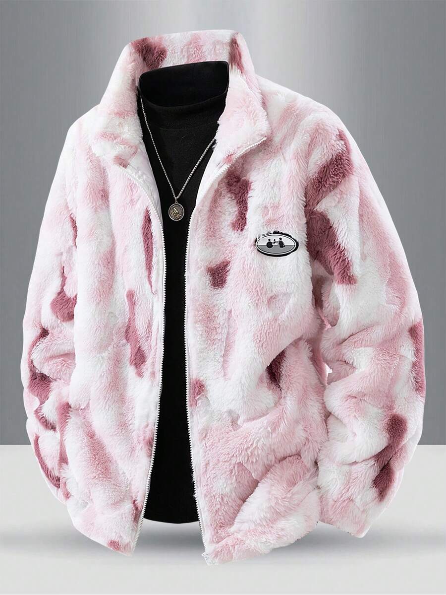 Áo khoác nam dài tay cổ đứng lót lông cừu giả, kiểu dáng thời trang, nhuộm tie-dye, phối họa tiết thêu phía trước, cổ tay áo bo chun, phong cách thường ngày, thích hợp cho mùa thu đông. - Hồng - Xem 1
