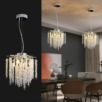 Modern crystal chandelier D12in, silver luxurious round branch raindrop chandelier, kitchen island dining room 5 lights
