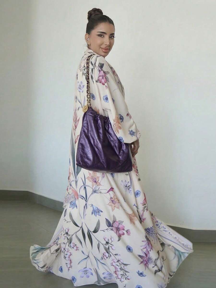 2pcs Modest Printed Cardigan Abaya With Headscarf Set, Middle Eastern Dubai Style Outerwear Eid Spring