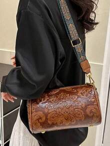 Embossed Crossbody Bag, Fashionable Retro Women's Cylindrical Bag, Wide Shoulder Strap Bag, Shoulder Bag, Minimalist Style Handbag, Women's Handbag, Classical Shoulder Bag, Crossbody Bag, Outdoor Leisure Crossbody Bag, Fashionable Small Shoulder Bag, Handbag And Cosmetics Bag, Daily Work And Travel, Retro Classic Shoulder Bag, Lightweight Storage Bag, Suitable For Women's Daily Use, Commuting To Work, Traveling, Shopping, Photo Check-In, Etc. - Multicolor - View 2