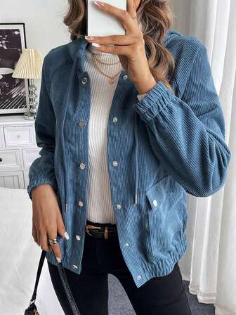 Women's Solid Color Corduroy Hooded Jacket, Ladies Autumn Corduroy Casual Long Sleeve Jacket, Women's Hooded Drawstring Pocket Single-Breasted Jacket