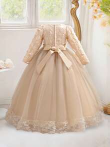 少女优雅花卉蕾丝网纱长袖花童礼服，不含头饰