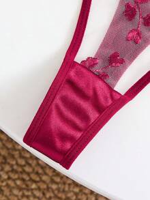 2PCS Women's Wine Red Floral Sexy Lingerie Set, Semi Transparent Home Bra And Thong Women's Two Pieces Set, Christmas And Halloween Carnival Night Surprise Underwear Set - 酒紅色 - 查看 4