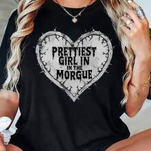 Halloween Clothes Women's Gothic Style Heart Print-Shirt - Iron Wire Design "The Most Beautiful Corpse Room" Pattern Short Sleeve Round Neck Casual Top, Black Summer Fashion Machine Washable All-Season Versatile Comfortable Year-Round Essential, Everyday Wear - 黑色 - 查看 6