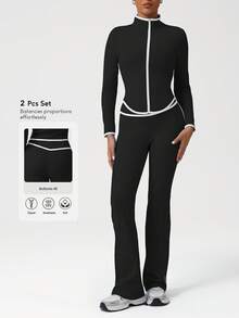 Sodalemon Women Training Gym Set Elastic Zip Up Long Sleeve Workout Jacket No Front Seam Dance Outdoor Yoga Flare Pants 2 PCS Fitness Set - Black - View 2