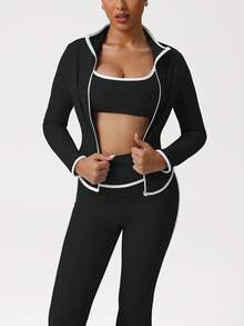Sodalemon Women Training Gym Set Elastic Zip Up Long Sleeve Workout Jacket No Front Seam Dance Outdoor Yoga Flare Pants 2 PCS Fitness Set - Black - View 7