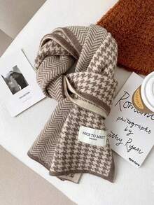 女童四对方图案围巾，冬季围脖，秋冬羊毛纱，学生百搭，针织小围巾 - 彩色 - 查看 2