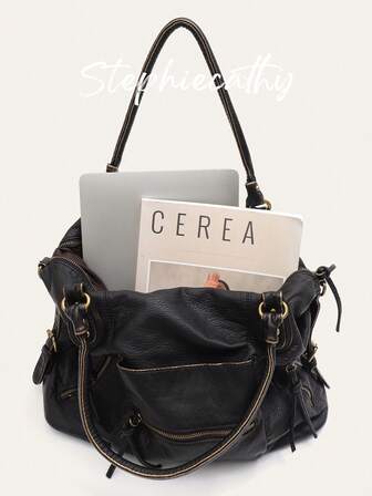 STEPHIECATHY 哥特朋克街头风格手提包女式复古刷色软洗 PU 素食皮革铆钉长肩带斜挎包单肩手提包大容量通勤包可容纳 13 英寸笔记本电脑多功能多口袋休闲日常旅行外出学院