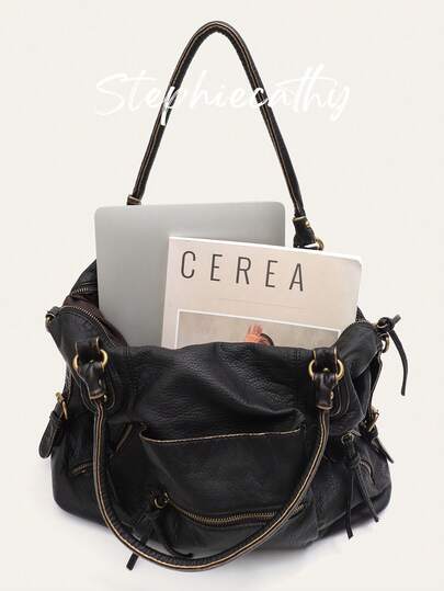 STEPHIECATHY Goth Punk Street Style Tote Women's Vintage Brush-Off Color Soft Washed PU Vegan Leather Rivets Long Strap Crossbody Shoulder Handbag Large Capacity Commuter Bag Fits 13' Laptop Functional Multi Pockets Slouchy Casual Daily Travel Outing College