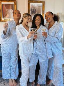 Women's Satin Floral Jacquard Pajama Set - Long Sleeve Button-Down Shirt  Wide-Leg Pants  Elegant Loungewear - 粉色 - 查看 5