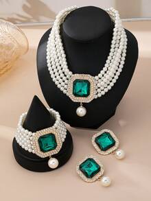 4 Peças Conjunto de Colar, Brincos e Pulseira Luxuosos e Exagerados com Multicamadas de Pérolas Falsas, Strass e Cristais Embutidos, Adequado para Casamento, Festa e Presentes de Feriado para Mulheres - Multicolorido - Visão 2