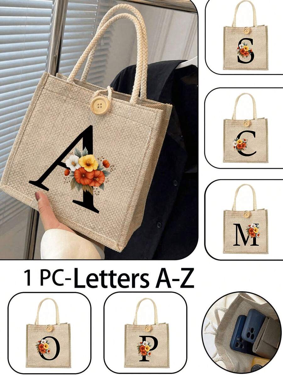 Bolso de tela con estampado de letras, bolso de tela estampado, bolso con decoración de botones, bolso grande de capacidad minimalista, bolso de tela casual y portátil de gran capacidad, bolso de compras multifuncional, nuevo diseño, gran capacidad, compañero de compras, bolso de hombro, bolso de tela, bolsa de almuerzo, lonchera, bolso cruzado, para mujer, uso diario, cita - Multicolor - Ver 1