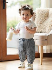 Newborn Toddler Gingham Checkered Pants Baby Girl Boy Jogger Harem Pants Infant Kids Plaid Trousers Summer Fall Bottoms - 黑色 - 查看 3