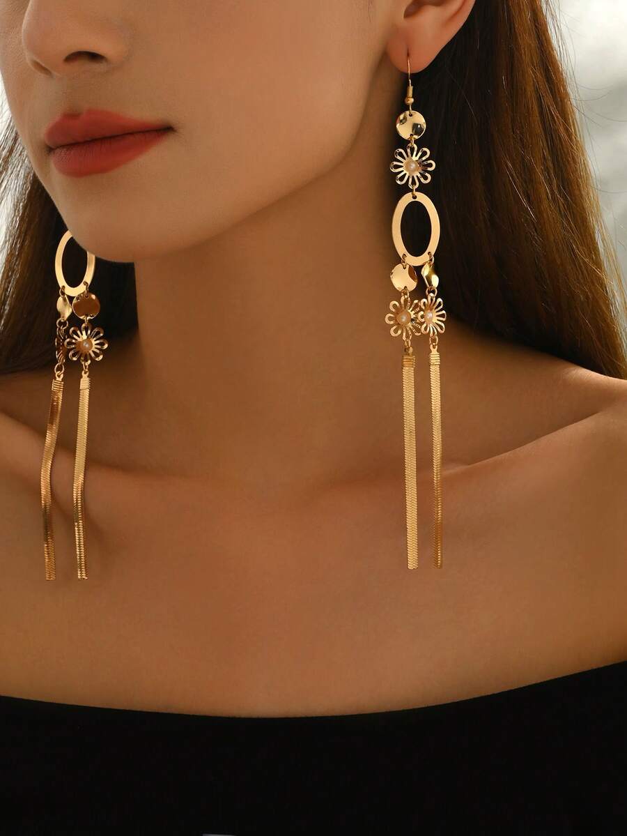 1 pereche cercei eleganți pentru femei, personalizați vintage boemi metalici geometrici rotundi ovali cu lanț de șarpe cu ciucuri, potriviți pentru zi cu zi, casual, sărbători, sărbători, accesorii versatile - De aur - Vizualizare 1