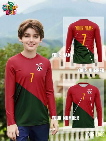 Camiseta de fútbol de manga larga personalizada con contraste de color rojo y verde para jóvenes de Portugal, personalizada con nombre, número y logotipo del equipo | Tela transpirable que absorbe la humedad | Adecuada para la liga juvenil, el equipo escolar, el entrenamiento y los partidos, también es un regalo ideal para Halloween, Acción de Gracias, Navidad y Año Nuevo