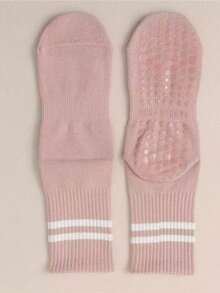 4 Pairs Women's Silicone Anti-Slip Striped Yoga Fitness Sports Mid-Calf Socks, Yoga Pilates Non-Slip Socks - Multicolor - View 10