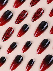 Paznokcie w kształcie migdałów, średniej długości, z prążkowanymi, rozmazanymi wzorami, czerwono-czarne zdobienia paznokci, wielokrotnego użytku. 24 sztuki sztucznych paznokci, zdobienia paznokci dla kobiet, dociskane paznokcie