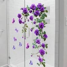 Autocolant autoadeziv cu trandafir violet și fluture pentru sticlă, autocolant floral detașabil pentru casă, baie, decorare fereastră, decor de perete, decor cameră, autocolante de perete, autocolante de perete, decor pentru casă