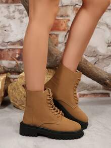 Botas de combate de moda para mujer, con punta redonda, cordones y cremallera lateral, zapatos multiusos para exteriores con suela antideslizante - Marrón - Ver 8