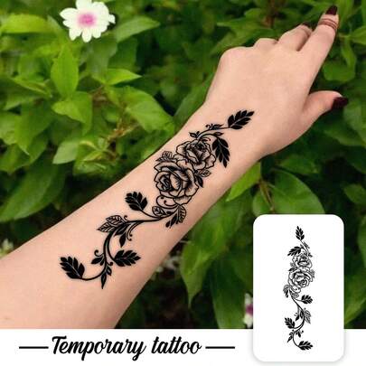 情人节海娜临时纹身贴纸，防水防汗，黑玫瑰花海娜藤蔓，色彩鲜艳时尚的手部美甲假纹身，花卉假纹身 - 临时纹身 - 适合生日、婚礼、派对装饰，可持续 3-5 天。