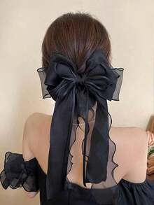 Topshiny 1pc Elegant Soft Black Lace Net Bow Decor Hair Clip With Ribbon Claw Clips Hair Claws Hair Barrettes, School Stuff, College, Bows, Cute - 黑色 - 查看 5
