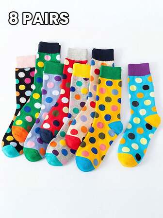 8 Pairs Polka Dot Mid-Calf Socks, Women's Socks For Autumn/Winter, European And American INS Style Unisex Long Socks, Breathable Comfortable Socks