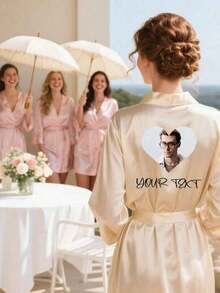 Customized Satin Bride Robe, Half Sleeve Design, Customizable Text, Suitable For Bride And Bridesmaids. This Robe Is Made Of Personalized Satin Material, Can Be Customized For Bride's Getting Ready Robe, Bridesmaids' Robe, Wedding Party Robe, And Features Lace Trim, Customizable Name. It Is A Gift For The Bride, Not Machine Washable/Short Sleeve/Size: XL - Multicolor - View 5