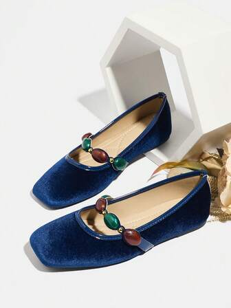 Women's 2025 Autumn/Winter New Vintage Navy Blue Square Toe Rhinestone Decor Slip-On Flat Velvet Comfortable Outdoor Mary Jane Shoes