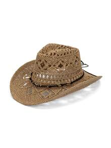 1pc Solid Color Bohemian Casual Hollow Out Decor UV Protection Woven Panama Hat, Western Cowboy Sun Hat, Versatile For All Seasons - Butterfly - View 17