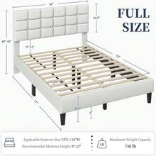 Butterslay Upholstered Platform Bed Frame Linen Fabric Adjustable Tufted Headboard 12 Wooden Slats 750/800lb Capacity 6" Under-Bed Space Queen/Full, Navy Blue/Dark Gray/Beige - 米色 - 查看 9