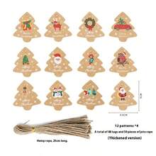 48 etiquetas, 50 piezas de cordel, 4 diseños diferentes, accesorios de decoración navideña, etiquetas de papel kraft grueso, adornos para el árbol de Navidad, etiquetas de regalo, cajas de regalo, tarjetas de accesorios, con cuerda, suministros para fiestas navideñas, regalos de Navidad