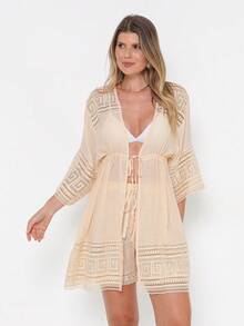 Beach Cover-Up Set With 3/4-Short Sleeve Top And Short Shorts - 米色 - 查看 3