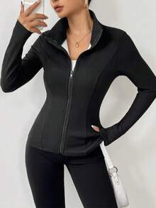 Women's Tight Fit High Collar Zipper Jacket With Thermal Lining, Warm And Comfortable For Casual And Home Wear In Autumn/Winter, Sleeves Without Thermal Lining - Black - View 5