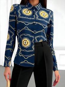 女式 Y2K 蛇纹长袖修身衬衫，优雅波西米亚风格，春夏 - 藍色 - 查看 3