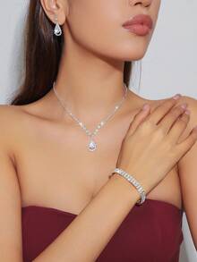 4 件套水钻首饰套装金色闪亮项链耳环手链套装女士晚礼服手拿包新娘婚礼贝壳优雅信封包女士球与可拆卸金属链婚礼和派对女士单肩包女士包女士手提包多功能闪光手提包鸡尾酒会婚礼新款钱包宴会包 - 銀色 - 查看 3