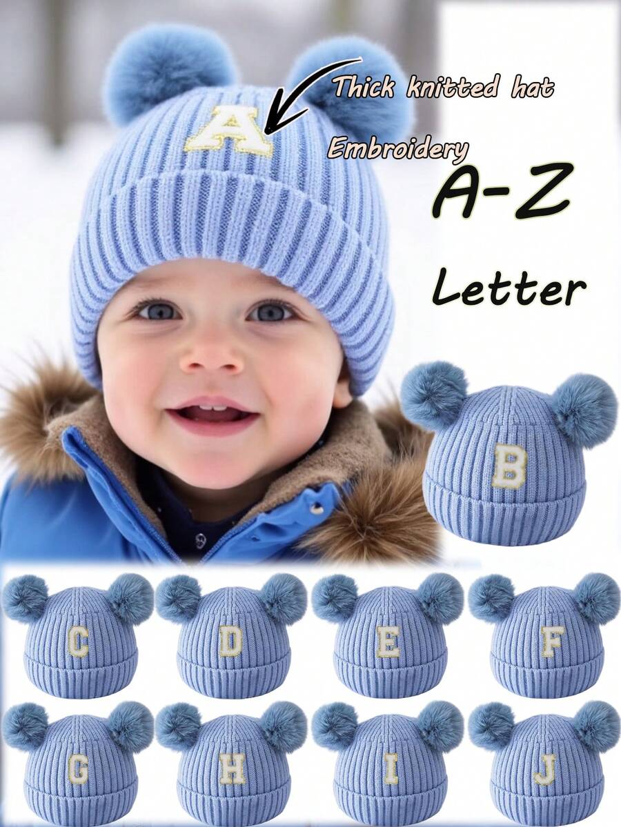 1 chiếc mũ len dệt kim dày hai lớp ấm áp mùa đông cho bé từ 0-3 tuổi, mũ sơ sinh có hai quả bông, mũ len dễ thương cho bé trai và bé gái. - Màu xanh lam - Xem 1