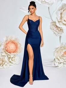 Spaghetti Strap V-Neck Rhinestone Ruched Dress With Side Slit And Backless Lace-Up Design, Suitable For Gala, Party, Formal Occasions - Navy Blue - View 7