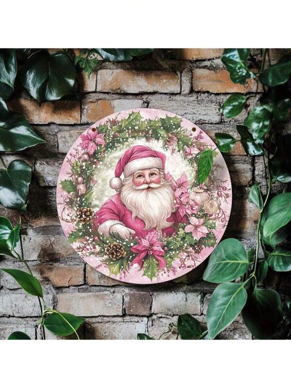 2D rosa Weihnachtsmann Thema runder Kranz, Weihnachtsbaum Dekorationen, Weihnachtsschmuck, Weihnachtsatmosphäre Hängedekoration, geeignet für Küche, Café, Zuhause, Wohnzimmer, Büro Wanddekoration, ideales Weihnachtsgeschenk