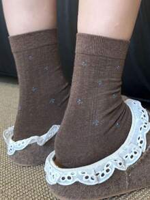 4 双简约清新碎花中筒袜，法式优雅复古风格中筒袜，秋冬