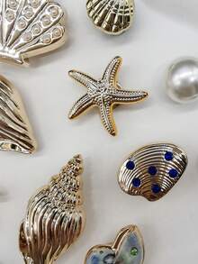16pcs ABS Resin Gold Luxury Seascape Shell Shoe Charms, Shiny Rhinestone Seashell Shoe Clips, Detachable Starfish Shoe Buckles, DIY Multifunctional Shoe Clips, Suitable For Women's Sandals, Slippers, Beach Bags, Christmas, Halloween, Valentine's Day, Birthday, Holiday Party Gifts (Shoes Not Included) - Multicolor 16PCS Style No.267 - View 5